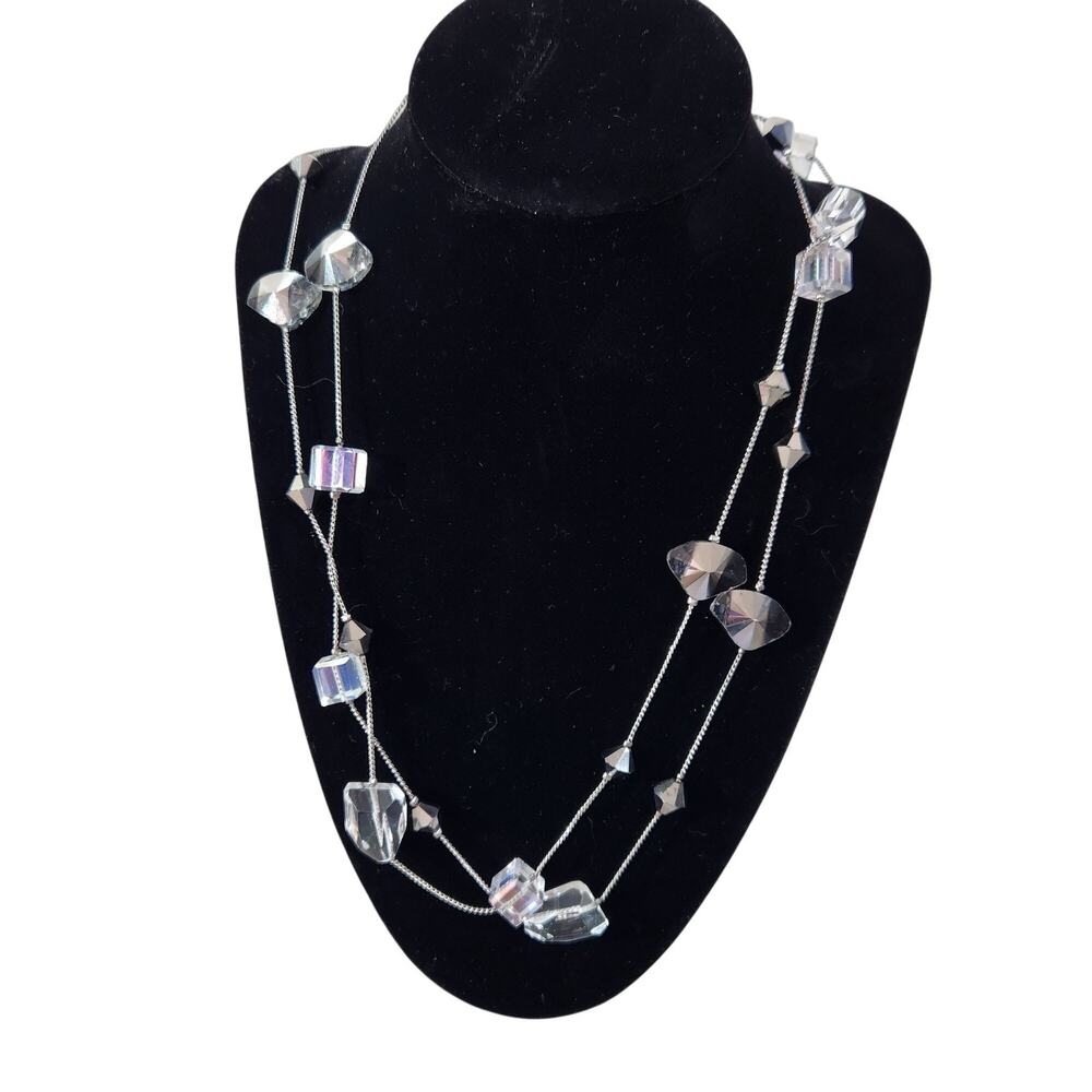 Premier Designs 50" Long Necklace Rock Crystal Style Faceted Glass Silver Tone